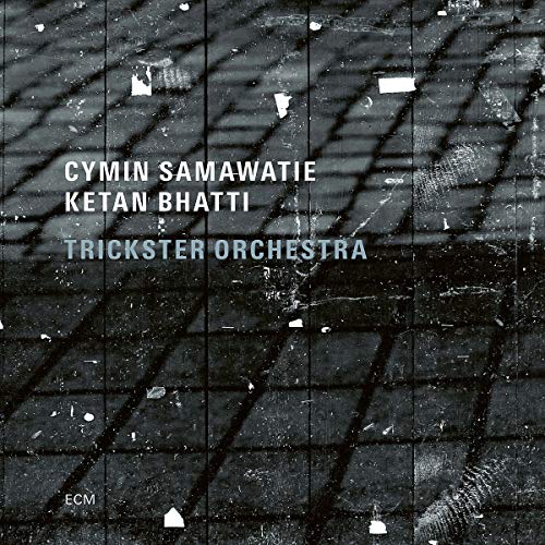 "Album cover with dark, gridded background, featuring 'Cymin Samawatie' and 'Trickster Orchestra' text."