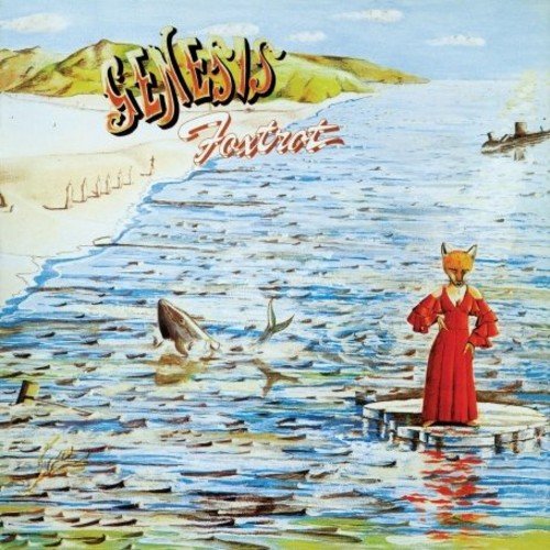 "Album cover art for 'Genesis - Foxtrot' featuring a fox in a red dress on a raft."