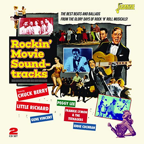 "CD cover with collage of musicians and dancers, titled 'Rockin' Movie Soundtracks'."