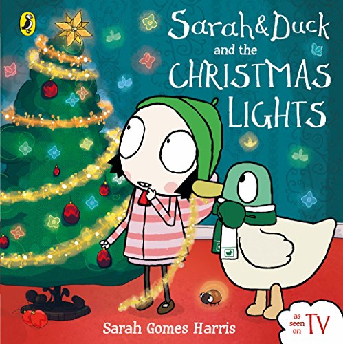 "Book cover featuring a girl and duck beside a decorated Christmas tree."