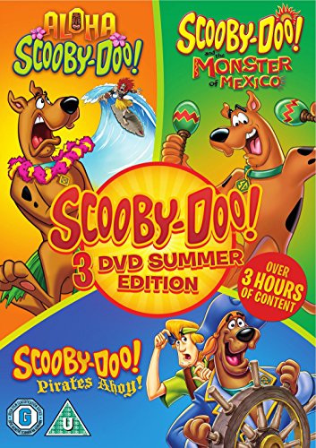 "Scooby-Doo DVD cover featuring the dog in various themed scenes."