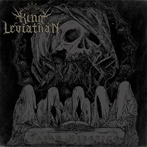 "Album cover art featuring a skull and robed figures on a black background."
