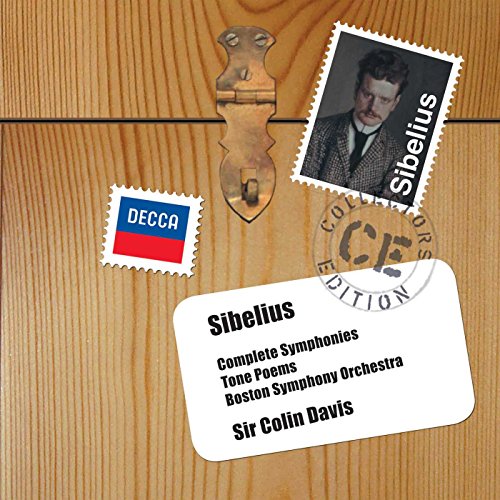 "CD cover with Sibelius stamp, Decca label, and text on wooden background."