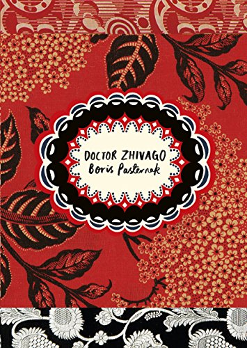 "Red book cover with floral patterns and 'Doctor Zhivago' title in a decorative frame."