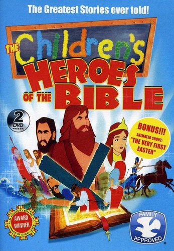 "Children's Heroes of the Bible DVD cover featuring biblical characters and scenes."