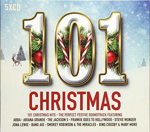 "Christmas CD cover with '101 CHRISTMAS' title, festive decorations, and snowy winter scene."