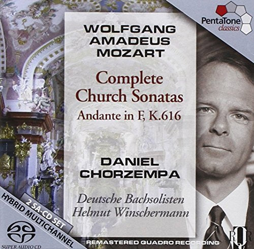 Mozart CD cover featuring a man's portrait and ornate church interior background.