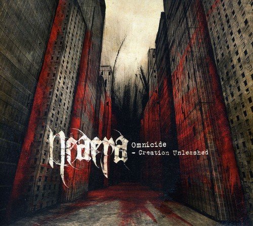 "Album cover with dark alleyway, red splatters, and white gothic text 'Neaera Omnicide'."