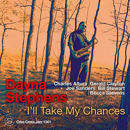 Album cover with a man in a forest holding a saxophone, text overlay.