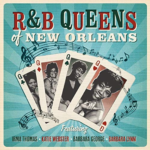"CD cover with four playing cards featuring black-and-white female portraits, blue background."