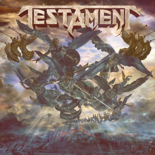 "Album cover art for 'Testament - The Formation Of Damnation' featuring angels fighting over a city."