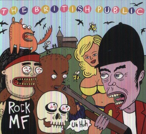 "CD cover featuring cartoon characters, including men, a woman, and a bear, in a chaotic scene."