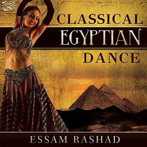 Belly dancer in ornate costume with pyramids in the background, gold textured cover.