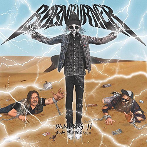 Album cover art: skeleton man in desert with chained people and lightning.