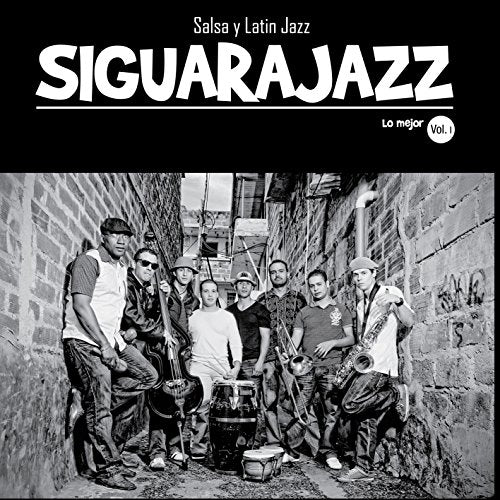 "Black and white vinyl album cover with a band photo and white text on a black background."