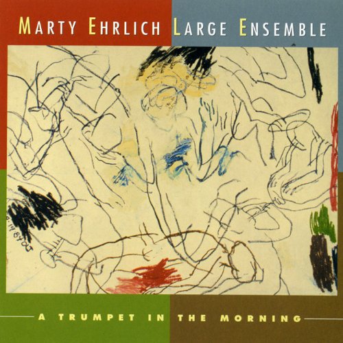 "Album cover with abstract sketch of a man playing trumpet, colorful borders."