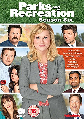"Parks and Recreation Season 6 DVD cover featuring Leslie Knope and other main characters."