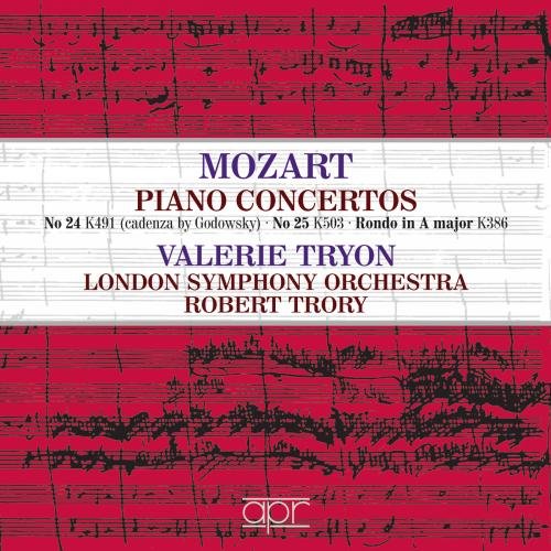 Red and white CD cover with musical notes and text "Mozart Piano Concertos".