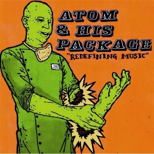 "Album cover with cartoon man holding exploding package against orange background."
