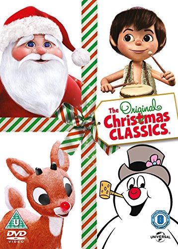 "Christmas DVD cover featuring Santa, cartoon characters, and red and green stripes."