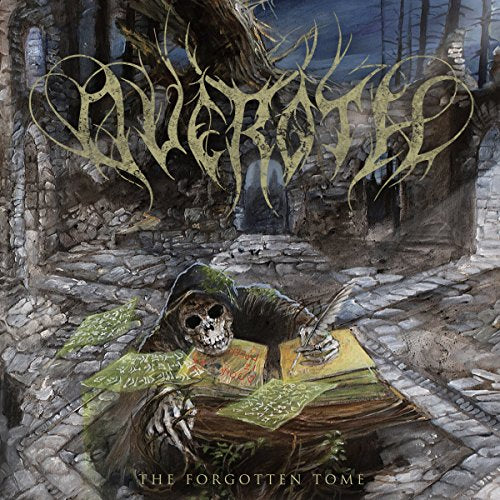 "Album cover art featuring a grim reaper reading a book in a ruined stone courtyard."