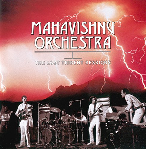 "Album cover with band performing on stage, red sky with lightning in background."