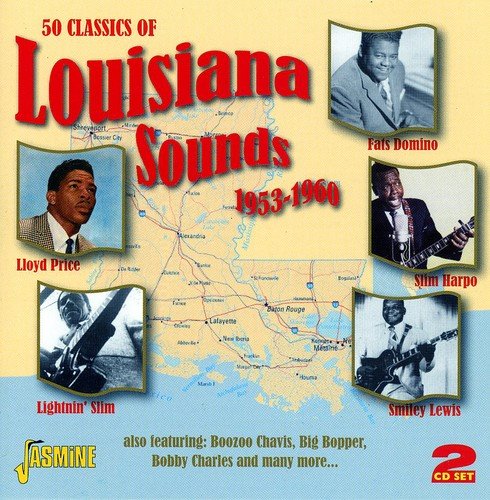 "CD cover with map and musician photos, titled '50 Classics of Louisiana Sounds 1953-1960'."