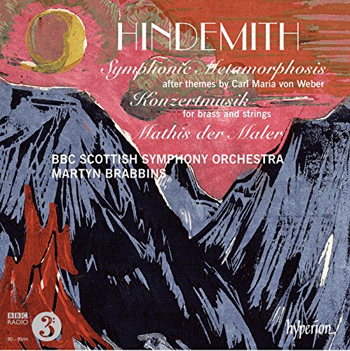 "Album cover featuring abstract mountain landscape with red sky and white text listing musical works."
