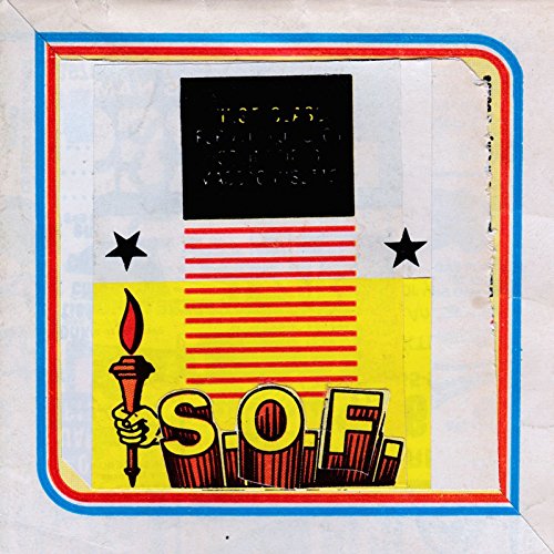 "Vinyl record cover with 'S.O.F.' logo, torch, and stars on a white background."