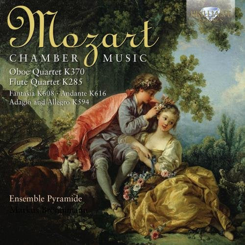 "Mozart Chamber Music" CD cover featuring a serene 18th-century couple in a forest.