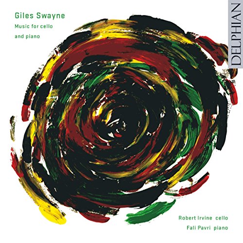 "Album cover with abstract swirling brushstrokes in red, green, and yellow on white background."