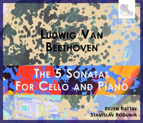 CD cover for Beethoven's 5 cello sonatas, featuring abstract, multicolored design.