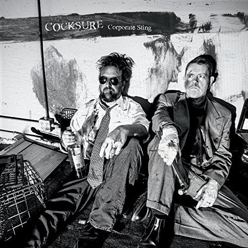 "Black and white vinyl album cover with two men sitting and holding bottles."