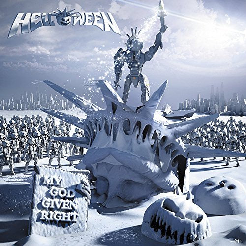 "Album cover art featuring a snowy scene with a robot and crowd."
