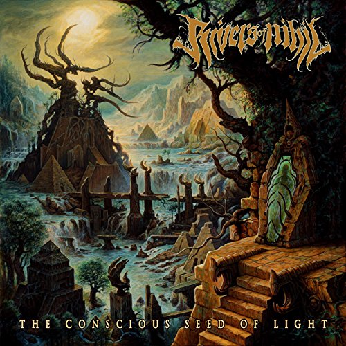 "Album cover art: fantasy landscape with ruins, trees, and a river, with text."