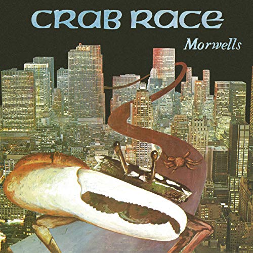"Vinyl album cover featuring a crab on a skateboard with a city skyline."