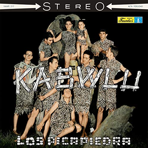 Vinyl album cover with people in leopard-print outfits posing on rocks against a black background.