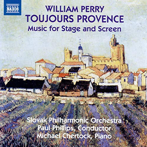 A CD cover with a watercolor painting of a village and lavender field.