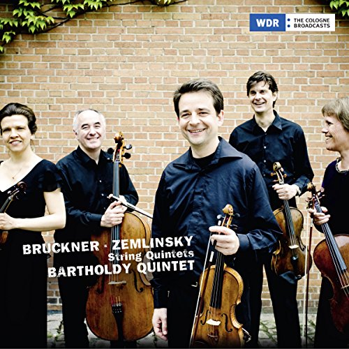 "CD cover featuring the Bartholdy Quintet holding string instruments against a brick wall."