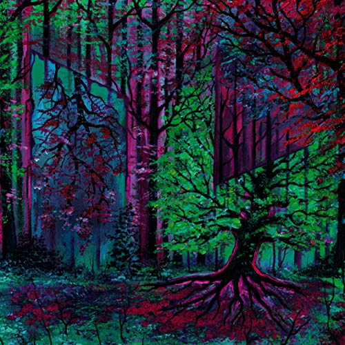 The image is a forest scene with a tree in the foreground. Alt text: A colorful forest illustration with a tree and exposed roots.