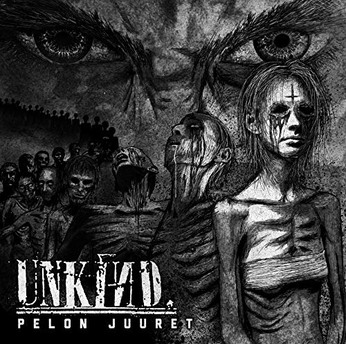 "Dark album cover art featuring a woman and eerie figures in black and white."