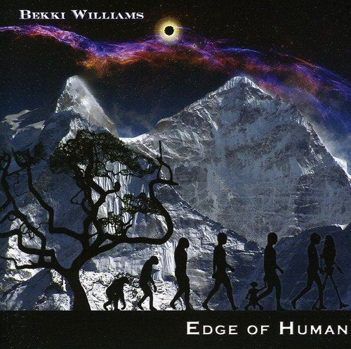 "Album cover featuring silhouetted figures of human evolution against a snowy mountain landscape."
