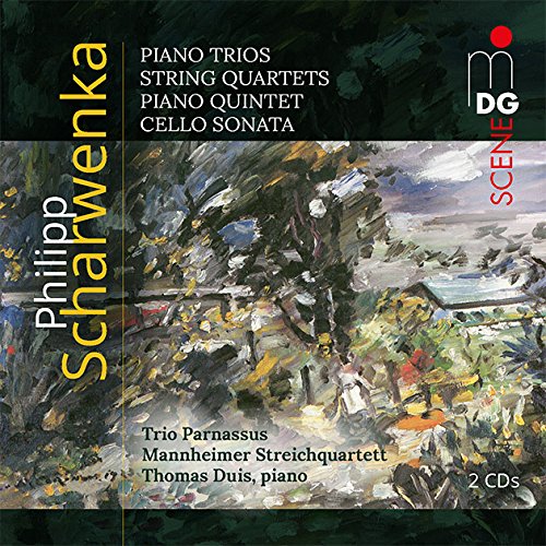 The image is a CD cover featuring an abstract painting. "CD cover with abstract landscape painting and text listing musical compositions and performers."