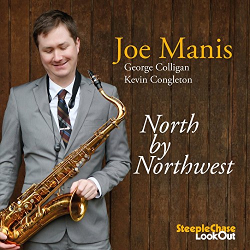 Album cover with man in gray suit holding saxophone against wooden background.