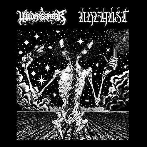 Black and white album cover with skeletal figure and stars on a black background.