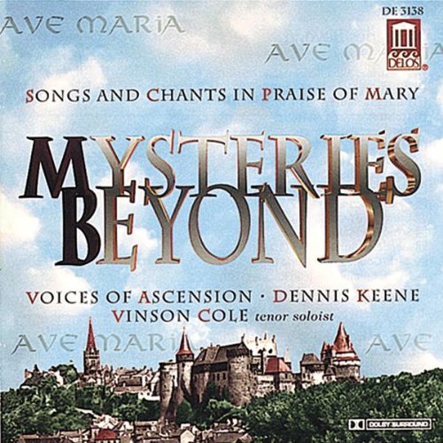 "CD cover with 'Mysteries Beyond' title, medieval town, and cloudy sky background."
