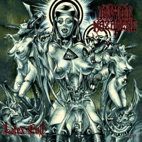 "Album cover art featuring a hooded figure surrounded by demons and grotesque creatures."