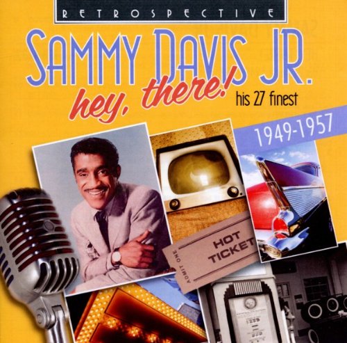 "CD cover with Sammy Davis Jr. and images of entertainment icons on yellow background."