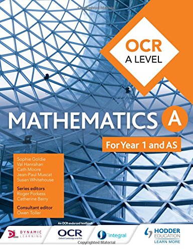 "Textbook cover with 'OCR A Level Mathematics A' title and geometric blue background pattern."