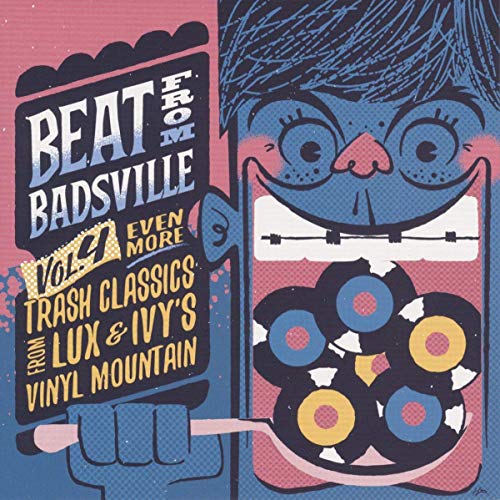 "CD album cover with cartoon character and vinyl records, pink and blue background."